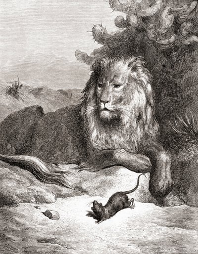 Der Löwe und die Maus, aus einer späten 19. Jahrhundert Ausgabe von Fables de La Fontaine von Gustave Dore